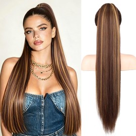 Ponytail Extension, 30 Inch Chocolate Brown Blonde Highlights Long Straight Ponytail Hair Piece, Claw Clip Ponytail Extension for Women, Multi-Layer Natural Synthetic Hair for Daily & Cosplay