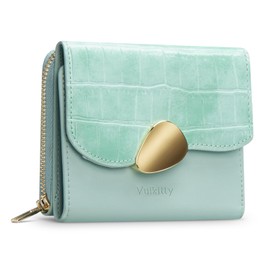 Vulkitty Trifold Leather Wallet for Women RFID Blocking, Small Compact Purse with Zipper Pocket, Ideal for Gift, Green