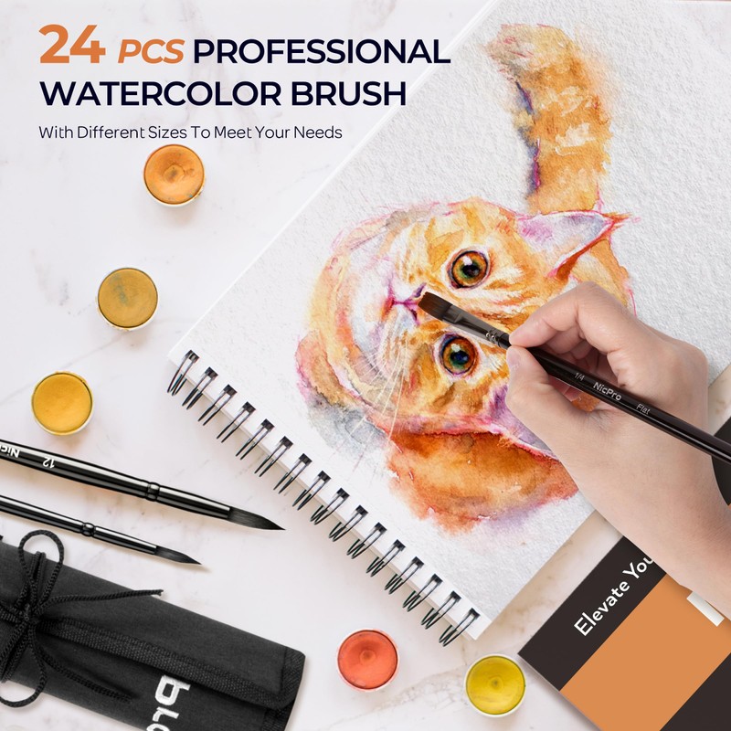 Nicpro 24PCS Watercolor Brushes Set Professional, Synthetic Squirrel Hair Watercolor