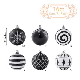 FlameFlash 3.15" Black & White Christmas Ornaments, 16PCS Shatterproof Modern Pattern Christmas Ball Ornaments, Christmas Baubles Hanging Decor for Trees/Exhibition/Party/Mall/Festival