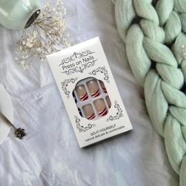 4th of July Press on Nails Red Stripes French Tip Fake Nails White Stars Blue Patriotic Stick on Nails Glossy Independence Day Glue on Nails Full Cover Square False Nails for Women Girls Manicure