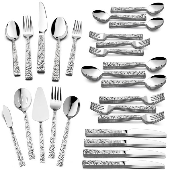 HaWare 65-Piece Hammered Flatware Serving Set, Stainless Steel Silverware Cutlery