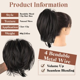 MFDYMYGS Messy Bun Hair Piece Claw Clip, Messy Bun Hair Piece with Bendable Metal, Short Ponytail Extensions Hairpieces for Women (Black Brown)