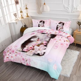 AILONEN Beautiful Cat Comforter Set for Kids Girls Boys Twin Size, Kawaii Cat Lover's Animal Themed Design Bedding Set,Pink Cherry Blossom Bed in a Bag,3 PCS,1 Quilt and 2 Pillowcases,Soft Microfibre