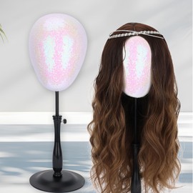 kelukeya Wig Head Adjustable for Hat and Wig Display, Shining sequins Mannequin Head Stand with Retractable Metal Base for Styling and Display (Sparkling white)