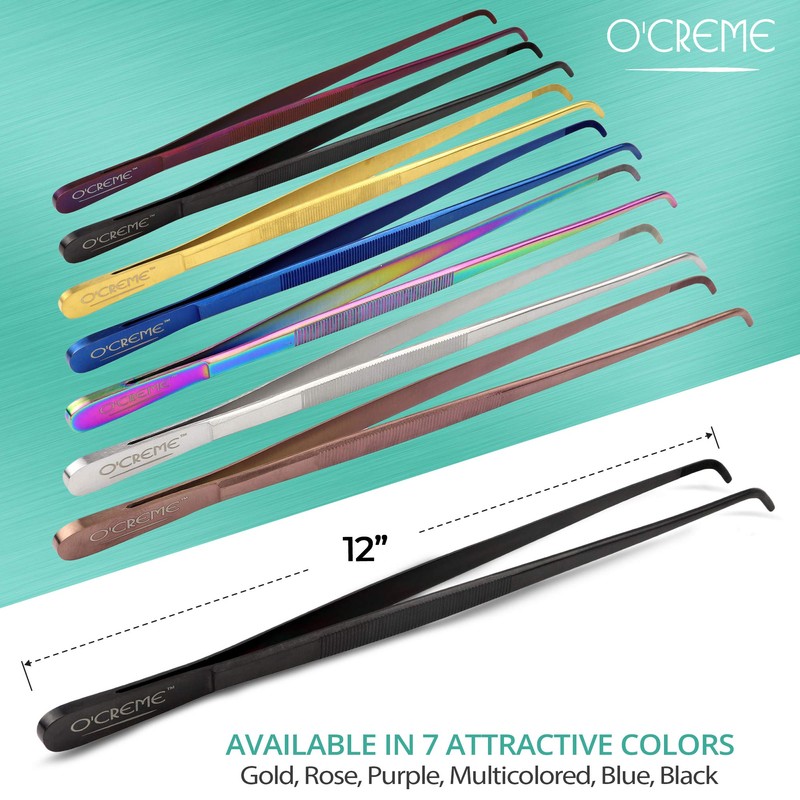 O'Creme 12 Inch Stainless Steel Precision Kitchen Culinary Tweezer Tongs