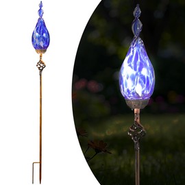 Naboher Solar Garden Lights, Decorative LED Flame Garden Stakes, Hand Blown Glass and Outdoor Waterproof Glass Stakes (Dark Blue)