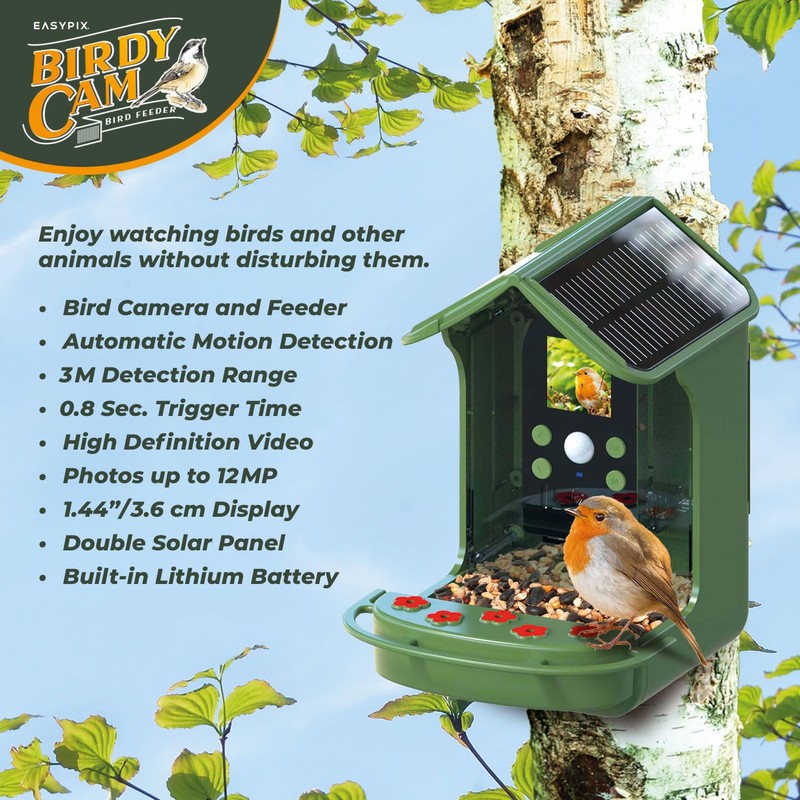 EASYPIX BirdyCam Solar Power Bird Feeder with Camera, Automatic HD