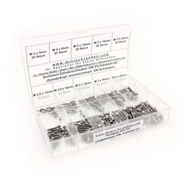 Assortment box with 200 hexagon socket screws according to DIN 912 (M2, M2.5 and M3) made of A2 stainless steel, hexagon socket, cylinder head. Mini screws assortment including labelled box