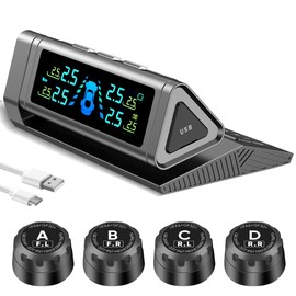 Tire Pressure Monitoring System with Solar Charge - TPMS Real-Time Pressure & Temperature Monitoring for Cars SUVs RVs, Voice Alert 5 Alarm Modes Adjustable Angle (0-84 PSI, 4 Sensors)