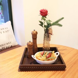 Hrastany Square Wood Decorative Tray, Rustic Coffee Table Serving Tray for Ottoman, Farmhouse Kitchen Counter Organizer, Bedroom, Home Decor(Retro Brown)