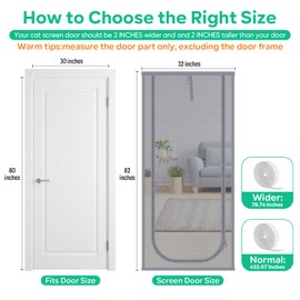 Reinforced Cat Screen Door, Fits Door Size 30''x 80'' Heavy Duty Pets Proof Screen Door with Bilateral Zipper, Prevent Dogs Cats Running Out from Home, Bedroom,Living Room, Kitchen Patio Door Grey