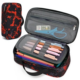 XQXA Large Capacity Pencil Case Multi-Slot Pencil Pouch Durable Pencil Box Portable Makeup Bag with Handle for Office (Orange and black pattern)