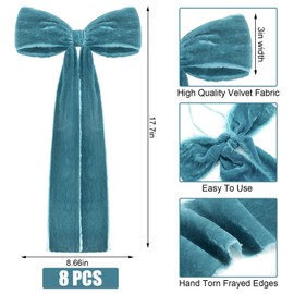 Daifunli 8 Pcs Christmas Velvet Ribbon Bows Large Fringe Holiday Tree Topper Vintage Raw Edge Bow for Christmas Tree, Stocking, Ornament, Xmas Rustic Craft Home Decor(Blue Grey,8.7 x 17.7 x 3 in)