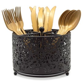 DysanVica 360° Rotating Metal Silverware Caddy - 4 Compartment Utensil Cutlery Holder Fork Spoon Napkin Organizer Flatware Storage Basket Party Countertop Buffet Picnic Camping Outdoor (Black)