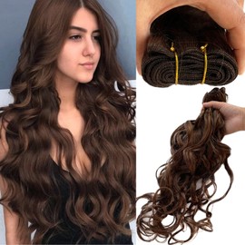 Benafee Wavy Sew in Weft Hair Extensions Human 16 Inch Medium Brown Curly Weave Bundles for Women Hand Tied Real Remy One Piece