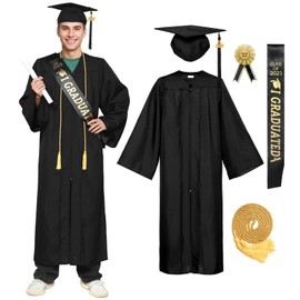 Joyesplay Graduation Talar with Graduation Hat and Tassel 2025, 6 Pieces Graduation Dress Black with Bachelor Hat Tassels 2025 for Bachelor Master Doctor (Black, 45)