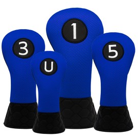 Golf Club Headcovers Simple Design Mesh + PU Headcovers Set of 4 Driver Fairway Wood Utility Hybrid Wood Cover Headcovers with Number Tag (Blue)
