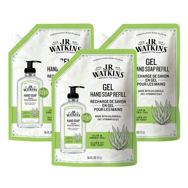 J.R. Watkins Gel Hand Soap Refill, Moisturizing Hand Wash, All Natural, Alcohol-Free, Cruelty-Free, USA Made, Aloe Green Tea, 34 Fl Oz, 3 Pack