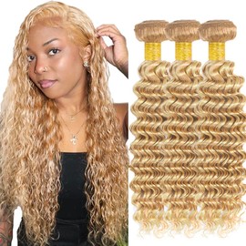 613 Bundles Human Hair Blonde Deep Wave Bundles Human Hair 22 24 26 inch 27/613 Wet and Wavy Bundle 2 Tone #27 and #613 Bundle