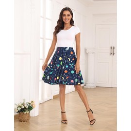 HDE - Faldas para mujer, falda media, falda patinadora, hasta la rodilla, cintura alta, estampados divertidos, Alfabeto espacial, X-Large