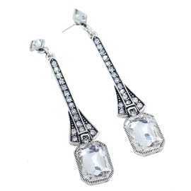 Art Deco Antique Vintage Flapper Style Clear Imitation Diamond Emerald Shape Rhinestone Extra Long Dangle Earrings
