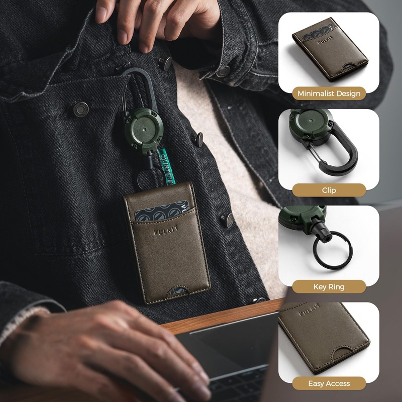 VULKIT Badge Holder Wallet with Retractable Clip, Leather Bifold Double