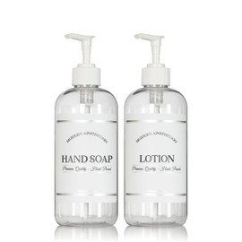 Clear Refillable Hand Soap and Lotion Dispenser Set for Bathroom Sink - PET Plastic Pump Bottles with Labels for Soap and Lotion - Waterproof Labels - 16 oz, 2 Pack (White Plastic)