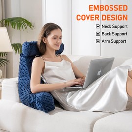 Reading Pillow for Sitting in Bed Adult - Big Backrest Pillow Chair with Washable Embossed Cover - Detachable Neck Support Cushion - Shredded Foam Sit Up Pillow for Bed with Arms and Side Pocket