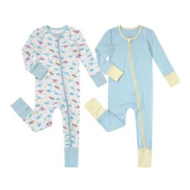 Teach Leanbh Unisex Baby 2 Pack Bamboo Viscose Pajamas with Mittens and Feet Cuffs Soild 2 Way Zipper Long Sleeve Romper Sleep and Play (0-3 Months, Dinosaur+Blue)