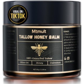 Mtmult Sarga de ternera para la piel – Bálsamo de sebo y miel para la cara, hidratante con sebo de res alimentado con pasto, miel cruda y cera de abejas | Sarga de res para el rostro y el cuerpo bálsamo para la piel de tallowyn