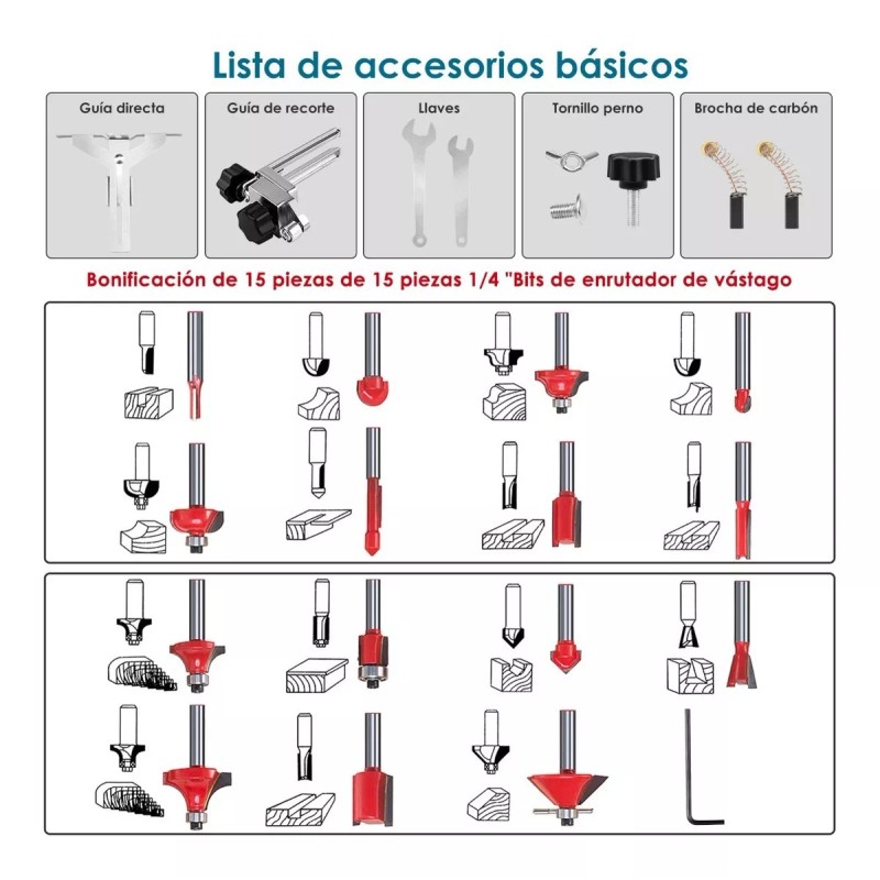 Burkey Router Madera Recortadora Rebajadora 800w 15 Brocas Carburo