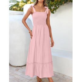 ZESICA Women's 2025 Summer Boho Spaghetti Strap Square Neck Solid Color Ruffle A Line Beach Long Maxi Dress,Pink,X-Small