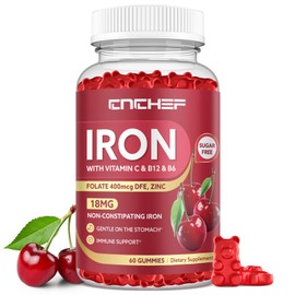 Iron Supplement for Women & Men Gummies, Multivitamin Blood Builder Iron Supplement with Folate Vitamin C B12 B6 Zinc for Adults & Kids - Energy Support - Cherry Flavor, Vegan 60 Gummies