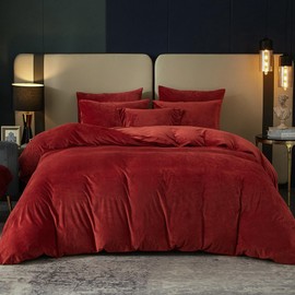 SE SOFTEXLY Velvet Red Duvet Cover Queen Size, Soft Flannel Duvet Cover 3Pcs Solid Breathable Silky Velour Comforter Cover 90" x 90", Luxury Cozy Winter Duvet Cover Set with 2 Pillowcases