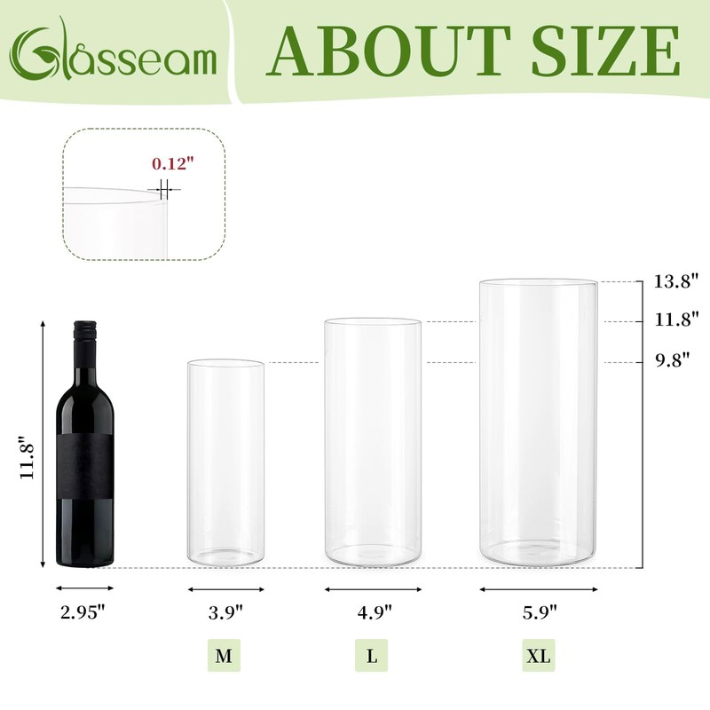 Glasseam Large Glass Cylinder Vases: 3 Pcs Clear Tall Hurricane