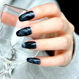 French Tip Press On Nails - FSUYA Press on Nails Medium, Marble Design Jelly Glue On Nails, Natural Reusable Stick On Nails in 12 Sizes - 24 Fake Nails Kit, Black