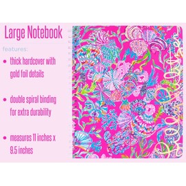 Lilly Pulitzer Cuaderno grande de espiral de tapa dura rosa, 11 x 9.5 pulgadas con 160 páginas con rayas universitarias, Shell Me Something Good