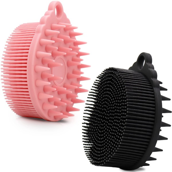 2 PCS Silicone Body Scrubber for Use in Shower, 2 in 1 Silicone Bath and Shampoo Brush, Silicone Loofah, Exfoliating Body Brush, Head Scrubber, Scalp Massager, Easy to Clean,Hangable (Pink&Black)