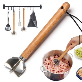 QAWRZZPR 6-Blade Stainless Steel Meat Masher & Meat Chopper - Includes Hamburger Smasher Tool and Pepper Grinder Bottle, Wooden Handle Kitchen Tool for Ground Meat, Sauces, and Purees