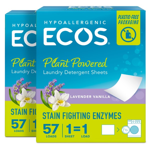 ECOS Laundry Detergent Sheets - Vegan, No Plastic Jug, No Mess & Liquid Free Laundry Sheets in Washer Hypoallergenic, Plant Powered Laundry Detergent Sheets - Lavender Vanilla 57 Count (Pack of 2)