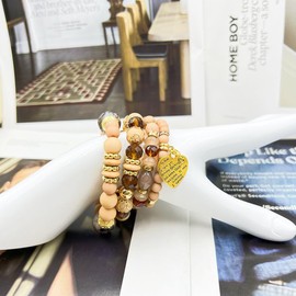 rgwtgkyh 4PS Bohemian Bracelet for Women White Brown Crystal Natural Stone Beaded Bracelets Western Vintage Stackable Multilayer Stretch Bracelets for Mom Friends Boho Jewelry Gift (A)