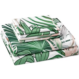 BYSURE Queen Sheet Set 6 Pieces (Green Palm), Cottage Core Botanical Patterned Sheets, Tropical Vacation Microfiber Bedding Decor