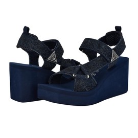 Guess Women's DAWSIN Wedge Sandal, Black Denim Rhinestone Logo 400, 6