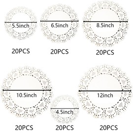120 PCS White Paper Doilies,4.5, 5.5 6.5 8.5 10.5 and 12 inch Lace Doilies for Tables, Round Disposable Paper Placemats for Dessert Tray Food Table Decor Wedding