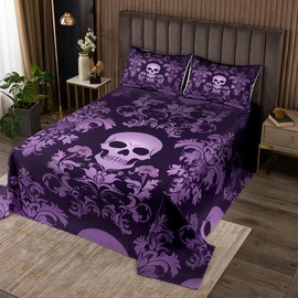 Adults Salmon Violet Damask Bedspread Set Antique Victorian Baroque Quilt Set King,Gothic Vintage Floral Coverlet Set Exotic Sugar Skull Bedding Set,Gothic Bone Skeleton Bohemian Decor,Dark Purple