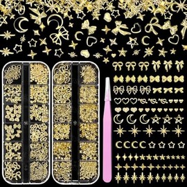 2 Boxes 3D Gold Nail Charms Studs, Bow Heart Cross Star Alloy Nail Studs, Star Moon Shiny Metal Nail Jewelry Charms, Luxury Rivet Nail Charms for Nail Design DIY Supplies Craft