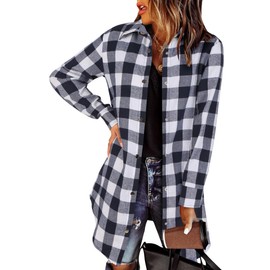 Zeagoo Flannel for Women 2025 Fall Fashion Long Sleeve Plaid Button Down Shirts Shacket Blouse Top with Pockets Navy Blue