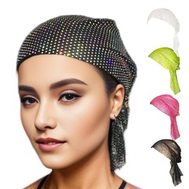 Munyee Hua Rhinestone Head Scarf for Women Bling Hijab Cap Headpiece Rave Party Dress Nets Turban Hat Sparkle Headband Crystal Mesh Cap Diamond Vintage Hair Snood Evening Dress(Colorful Black)