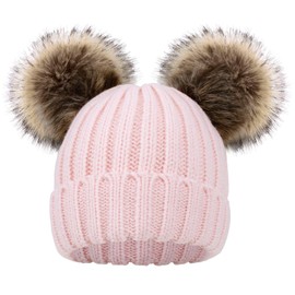 Simplicity Toddler Girls Winter Hats with Poms Cute Little Boys' and Girls' Winter Pom Pom Ears Fleece Lining Knitted Beanie Hats for Girls Kids, Pink